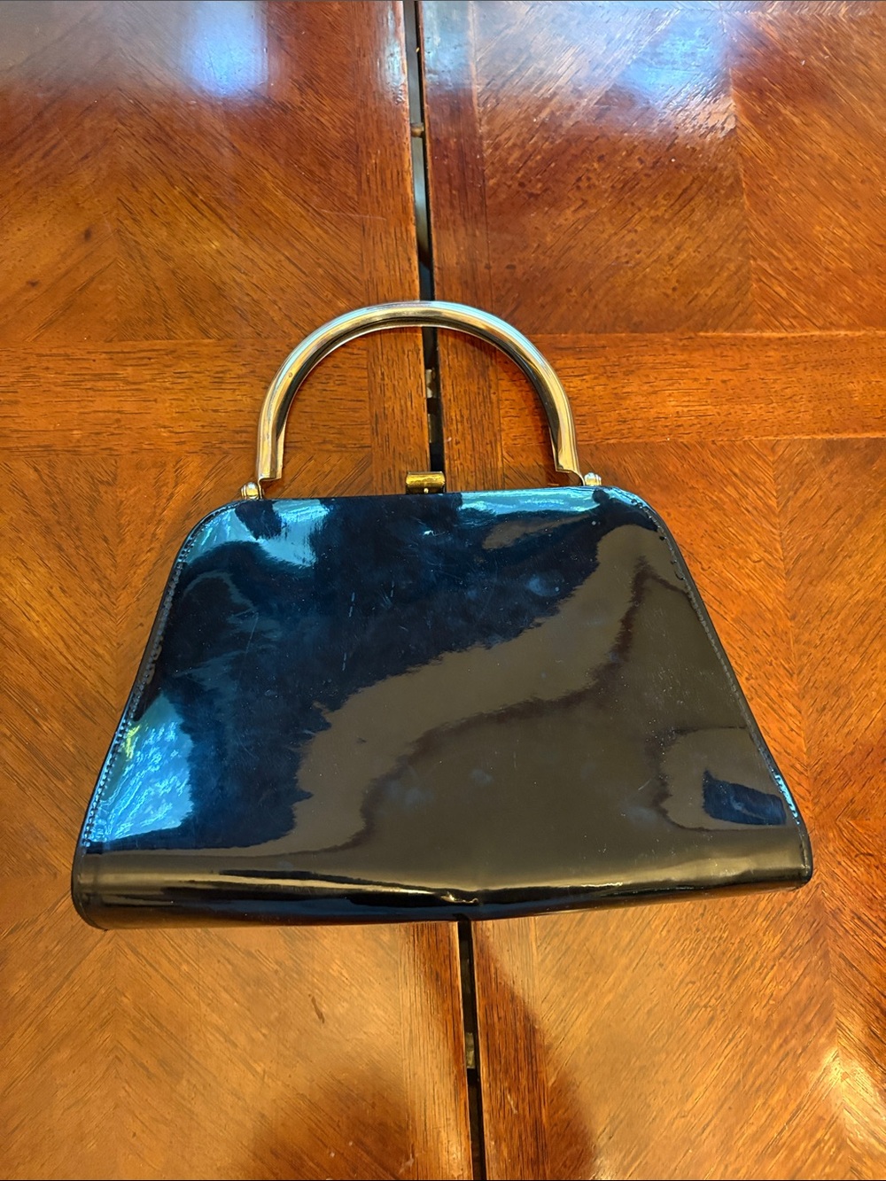 Black Patent Top-Handle Women’s Bag with Gold Hardware